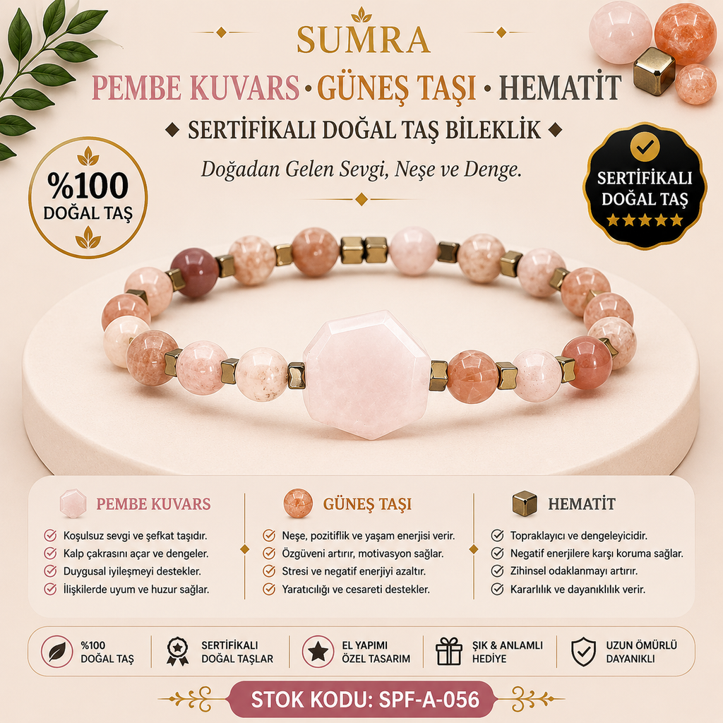 Pembe Kuvars Güneş Taşı ve Hematit Sertifikalı Doğal Taş Bileklik SPF-A-056