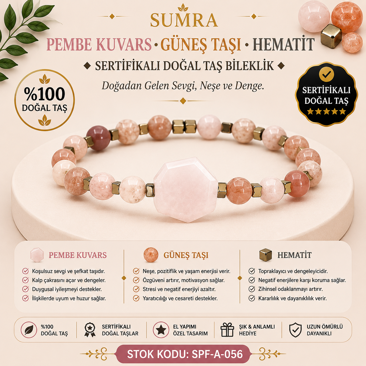 Pink Quartz Sunstone and Hematite Certified Natural Stone Bracelet SPF-A-056