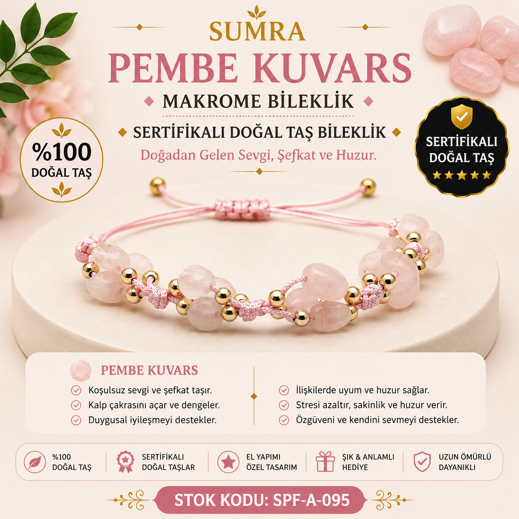 Pembe Kuvars Macrome Sertifikalı Doğal Taş Bileklik SPF-A-095