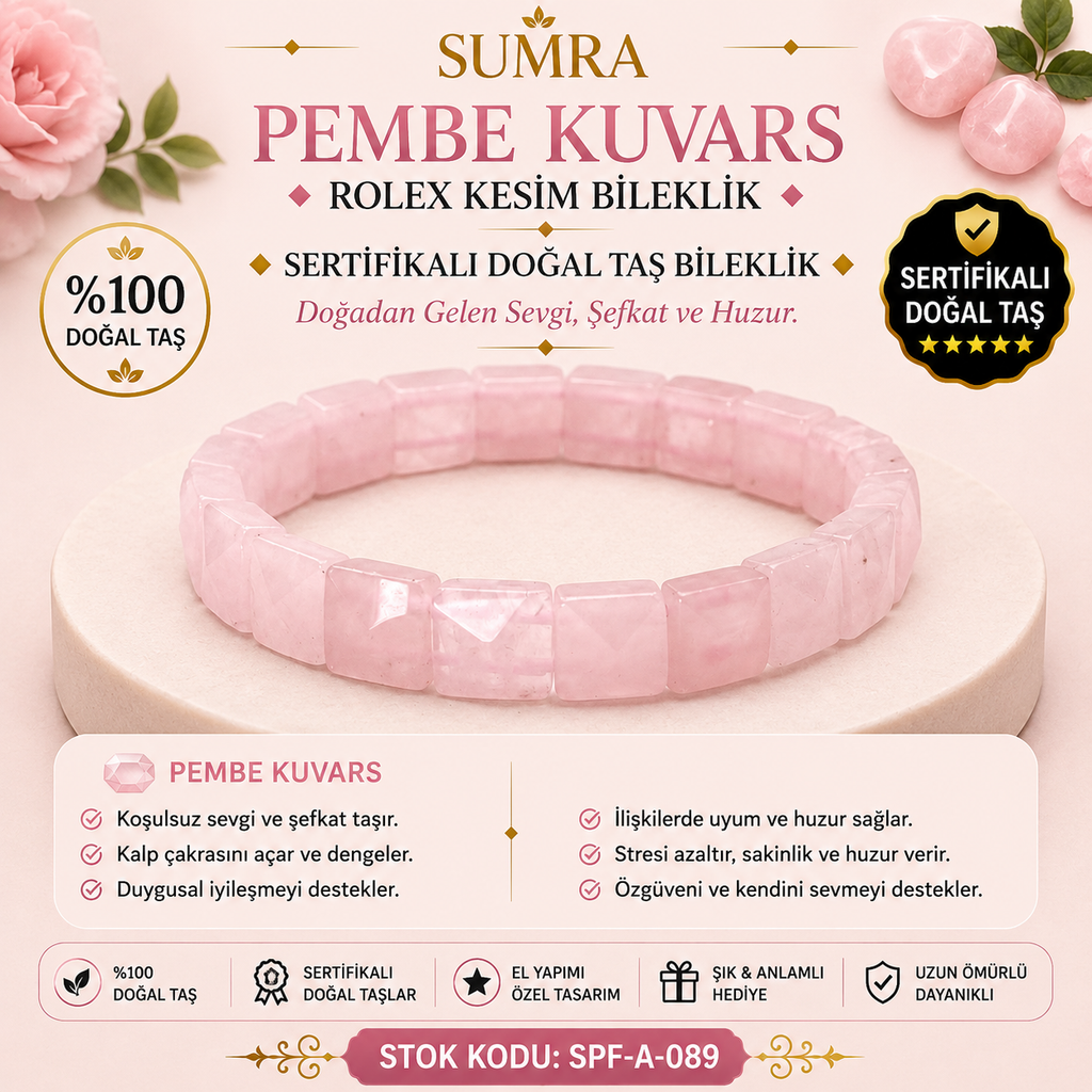 Pembe Kuvars Rolex Kesim Sertifikalı Doğal Taş Bileklik SPF-A-089