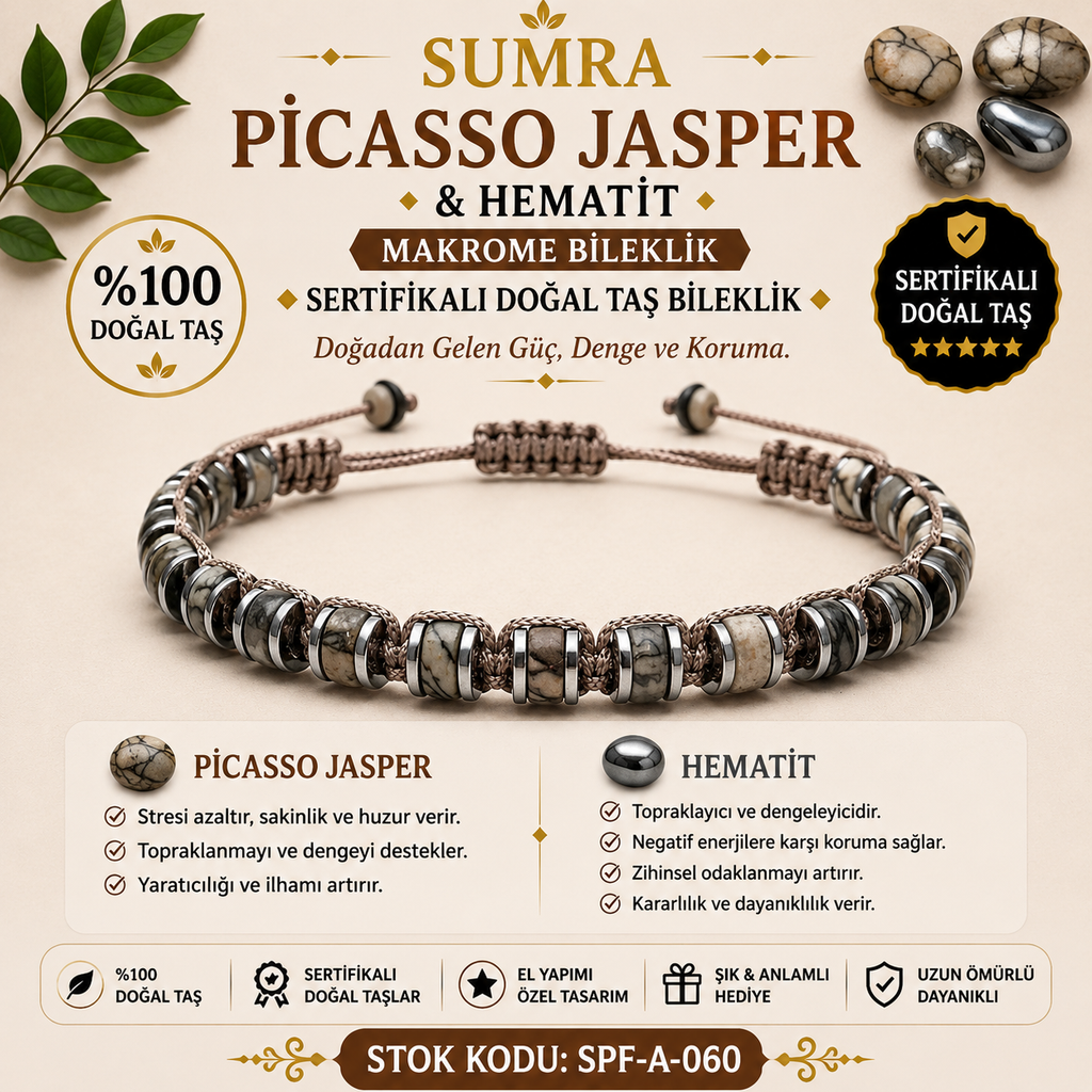 Picasso Jasper and Hematite Macrame Certified Natural Stone Bracelet SPF-A-060