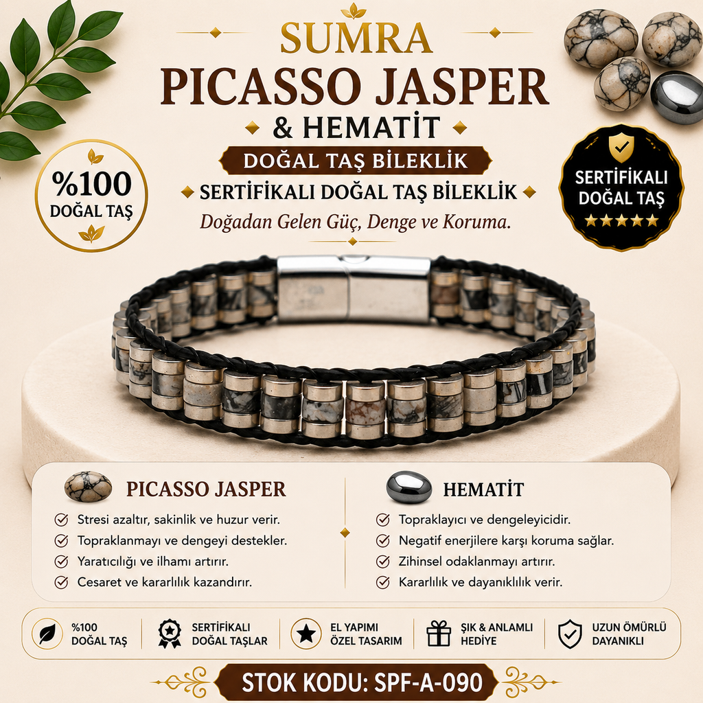 Picasso Jasper ve Hematit Sertifikalı Doğal Taş Bileklik SPF-A-090