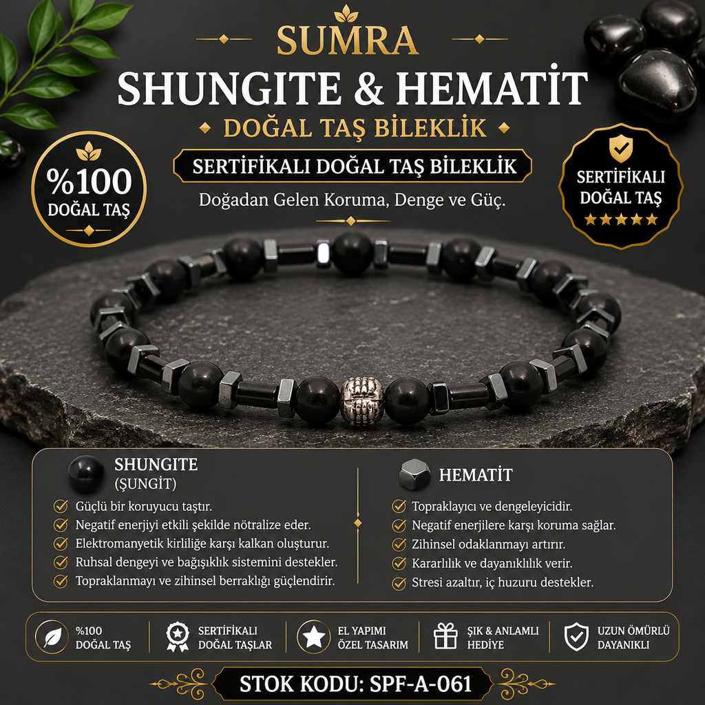 Shungite Ve Hematit Sertifikalı Doğal Taş Bileklik SPF-A-061