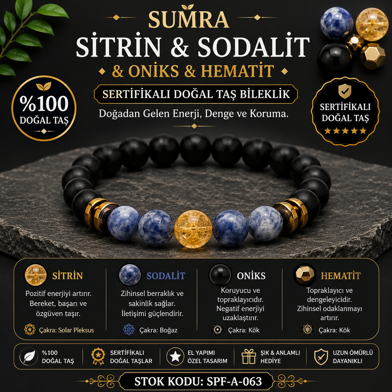 Citrine Sodalite Onyx Hematite Certified Natural Stone Bracelet SPF-A-063