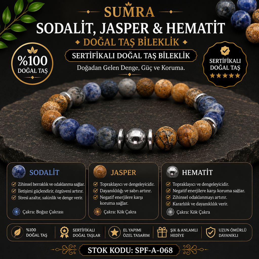 Sodalite, Jasper, and Hematite Certified Natural Stone Bracelet SPF-A-068