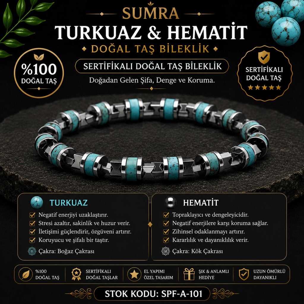 Turkuaz ve Hematit Sertifikalı Doğal Taş Bileklik SPF-A-101