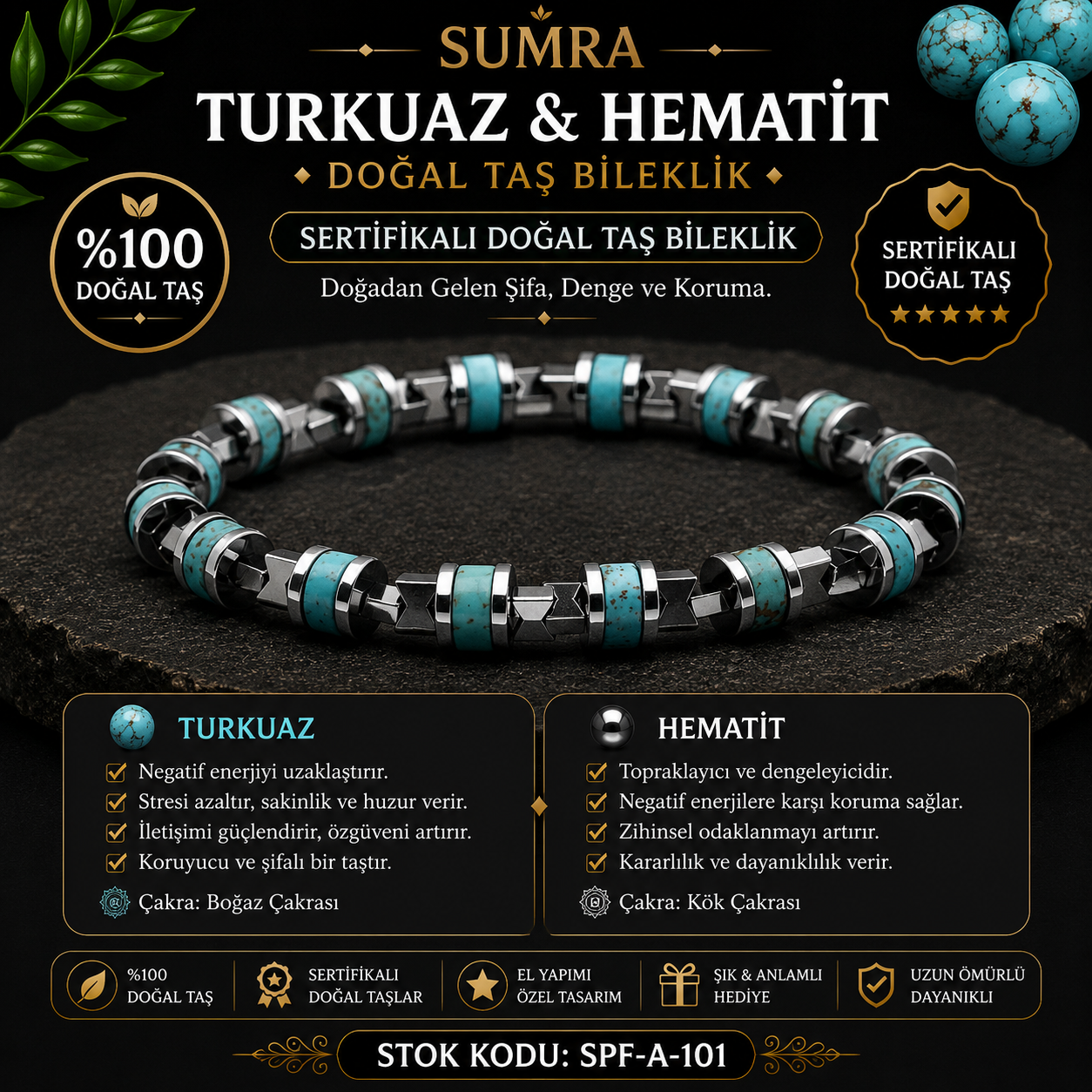 Turkuaz ve Hematit Sertifikalı Doğal Taş Bileklik SPF-A-101