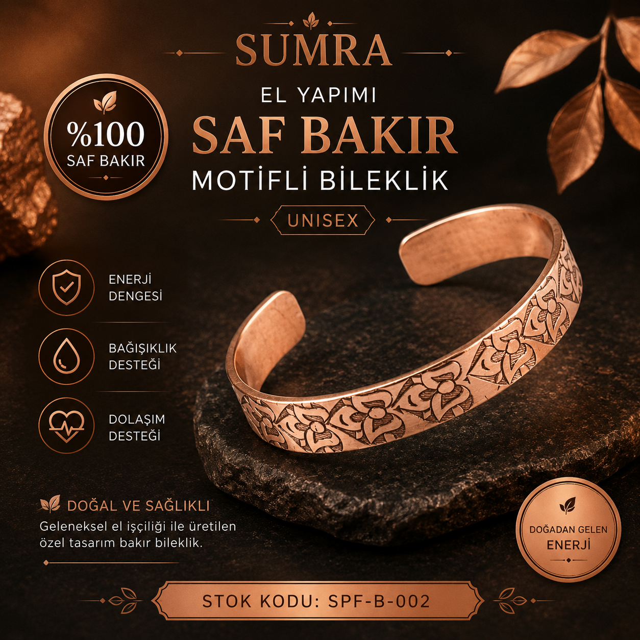 Handmade Motif Pure Copper Unisex Bracelet SPF-B-002