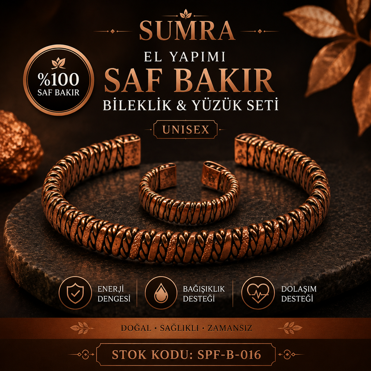 Handmade Patterned Pure Copper Unisex Bracelet and Ring Set SPF-B-016