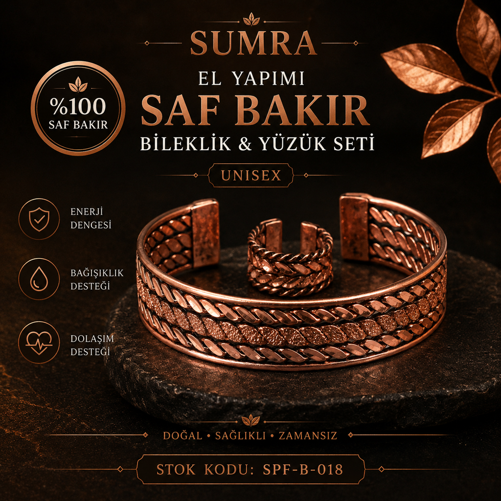 El Yapımı Motifli Saf Bakır Unisex Bileklik ve Yüzük Seti SPF-B-018