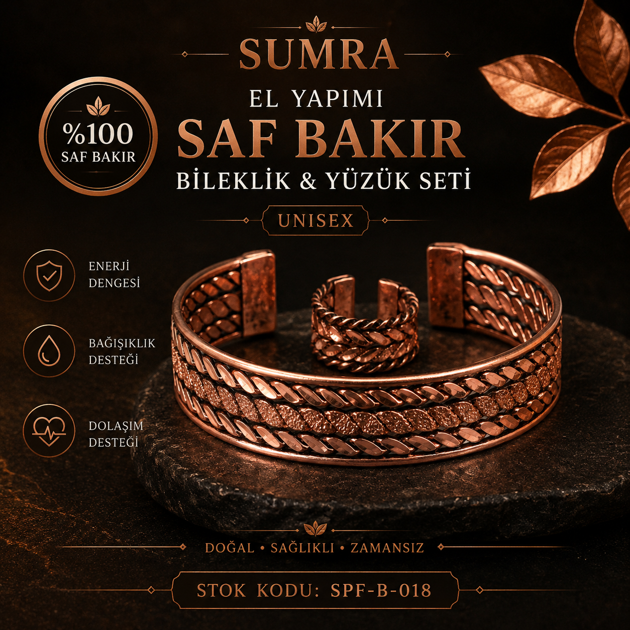 El Yapımı Motifli Saf Bakır Unisex Bileklik ve Yüzük Seti SPF-B-018