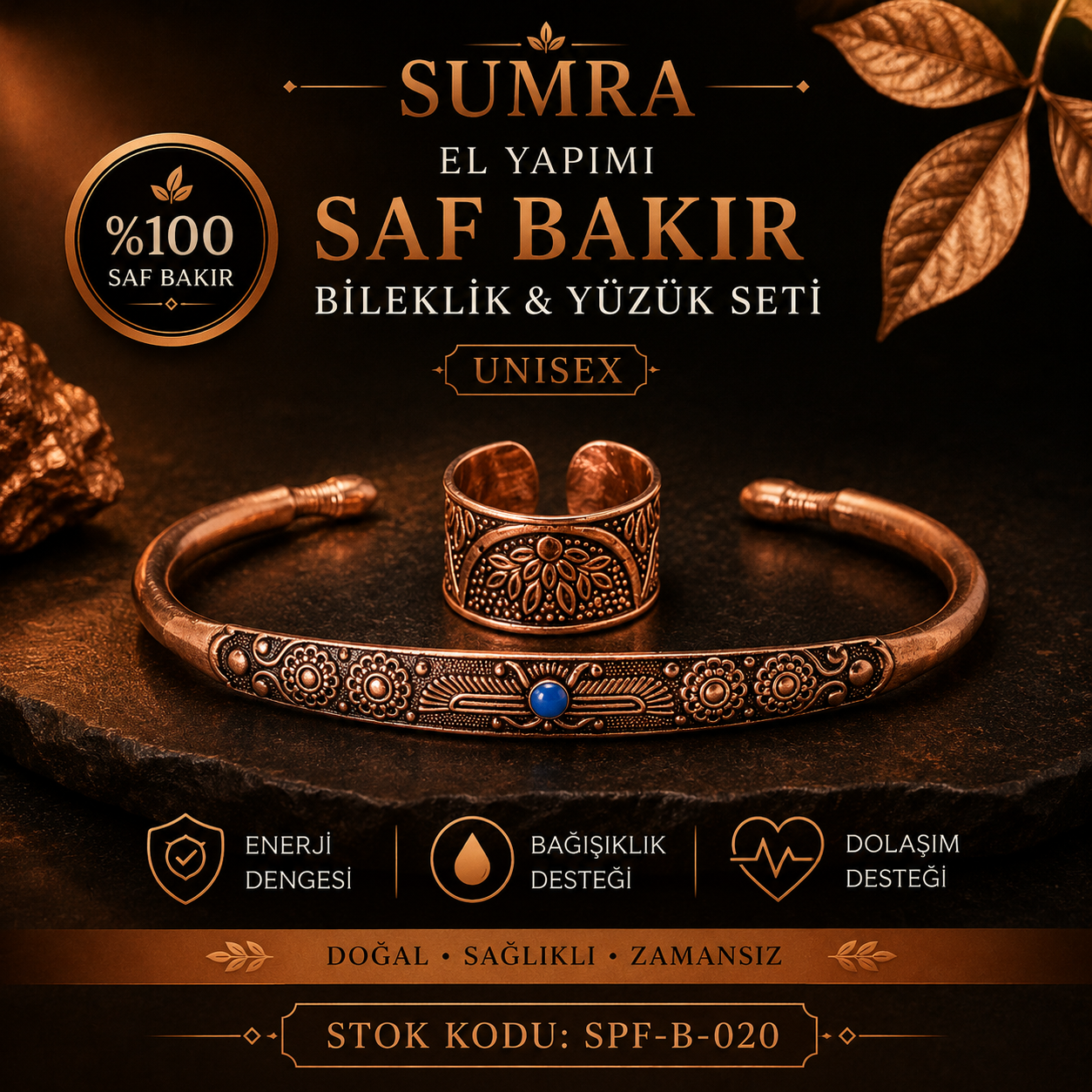 El Yapımı Motifli Saf Bakır Unisex Bileklik ve Yüzük Seti SPF-B-020