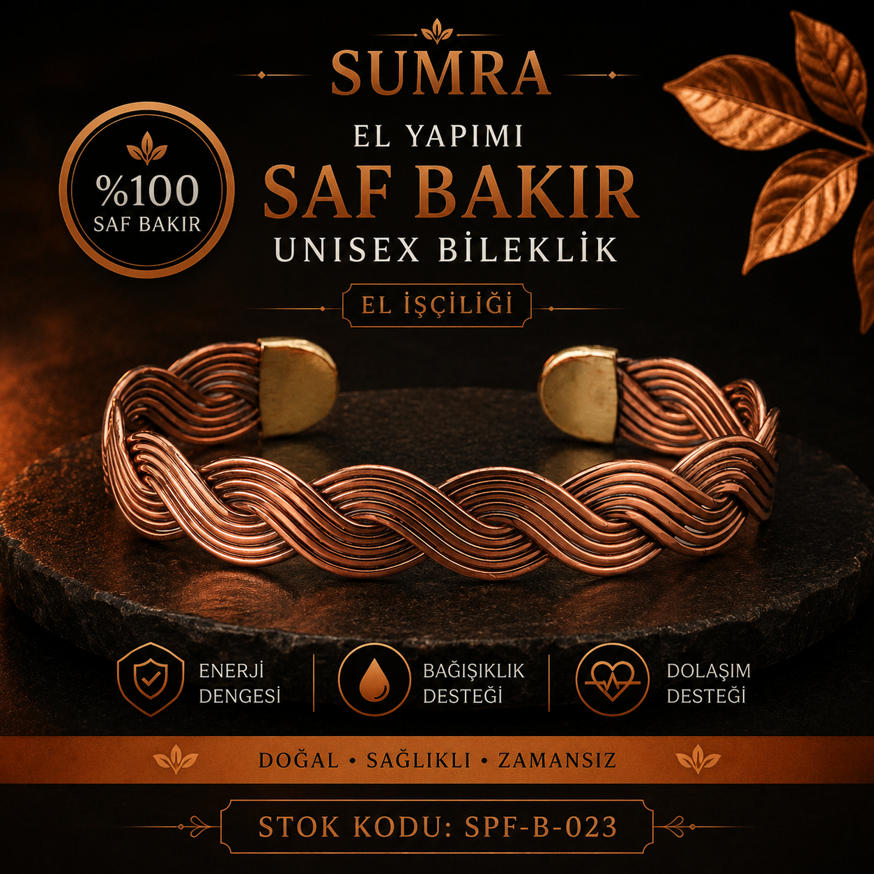 El Yapımı Motifli Saf Bakır Unisex Bileklik SPF-B-023