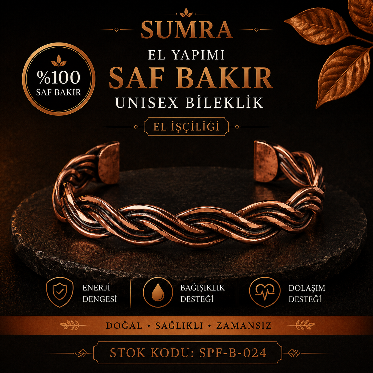 El Yapımı Motifli Saf Bakır Unisex Bileklik SPF-B-024