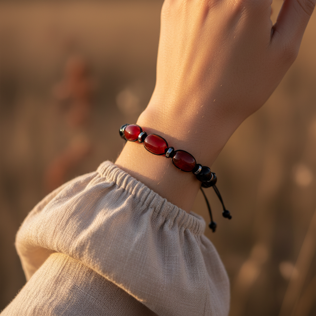 Kırmızı Siyah Akik ve Hematit Macrome Sertifikalı Doğal Taş Bileklik SPF-A-046