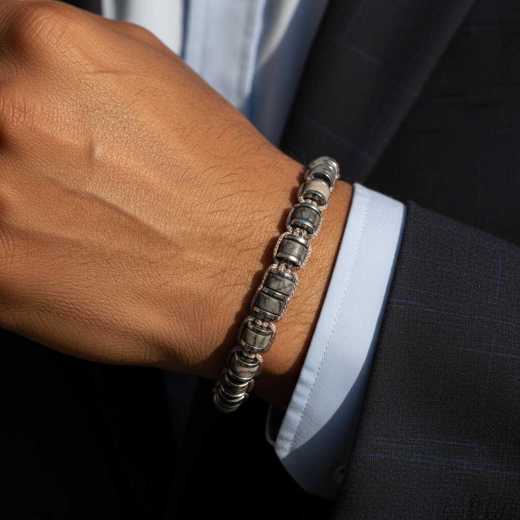 Picasso Jasper ve Hematit Macrome Sertifikalı Doğal Taş Bileklik SPF-A-060