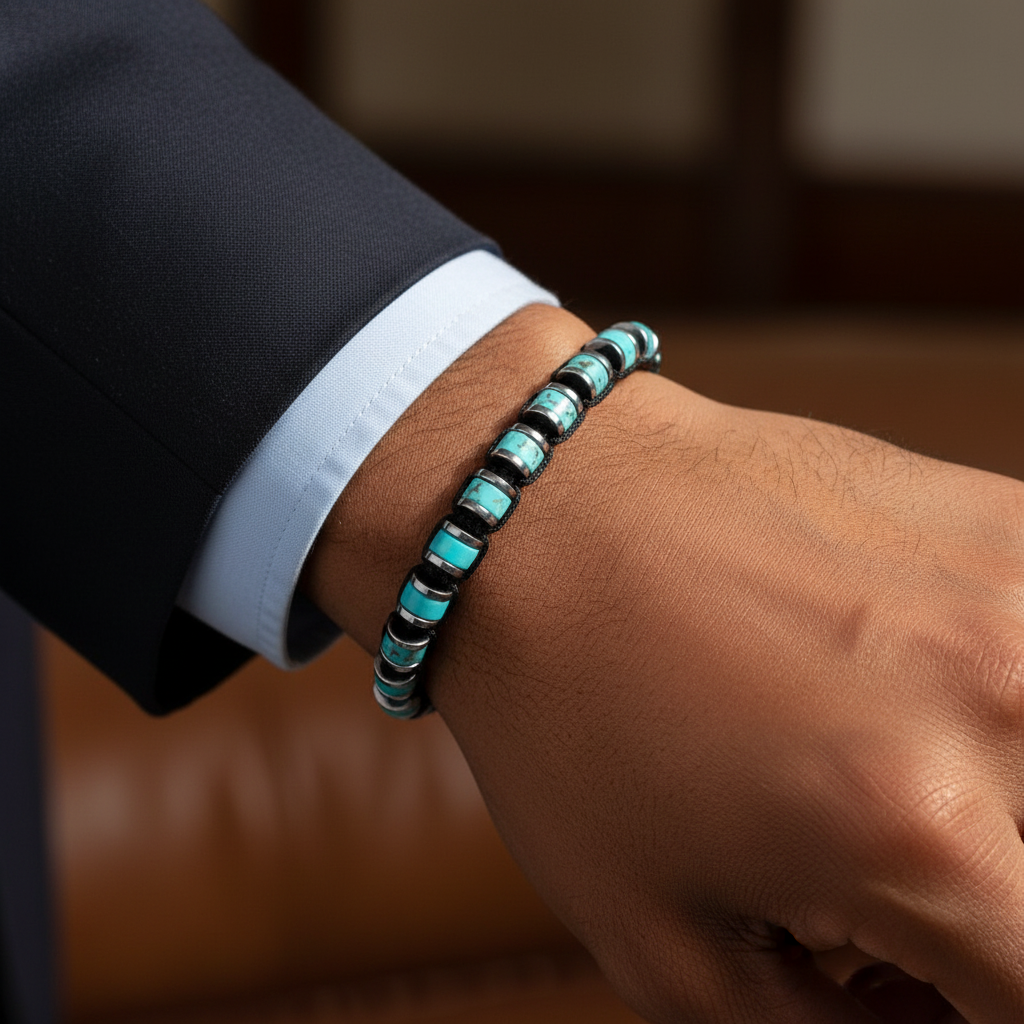 Turkuaz ve Hematit Macrome Sertifikalı Doğal Taş Bileklik SPF-A-072