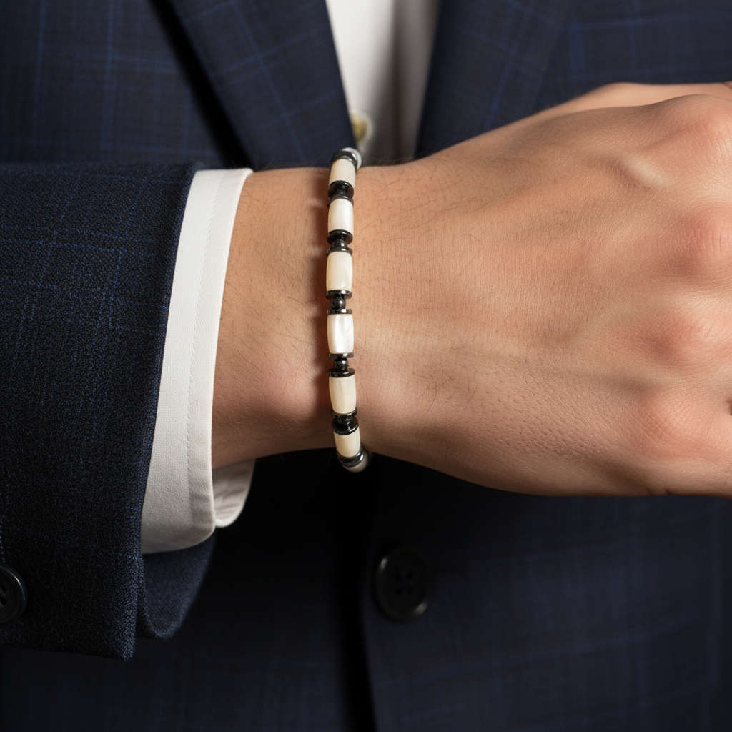 Beyaz Sedef ve Hematit Sertifikalı Doğal Taş Bileklik SPF-A-020