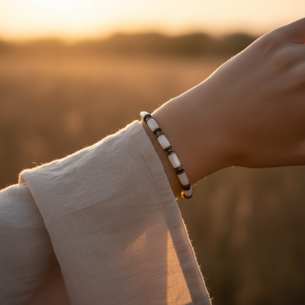 Beyaz Sedef ve Hematit Sertifikalı Doğal Taş Bileklik SPF-A-020