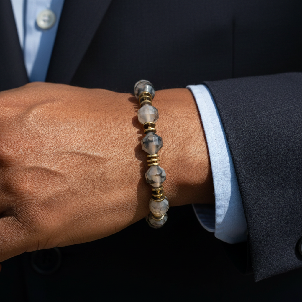 Damarlı Akik ve Hematit Sertifikalı Doğal Taş Bileklik SPF-A-074