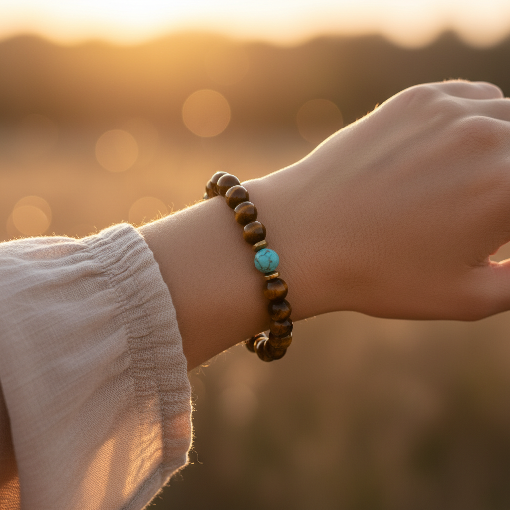 Kaplan Gözü Turkuaz ve Hematit Sertifikalı Doğal Taş Bileklik SPF-A-033