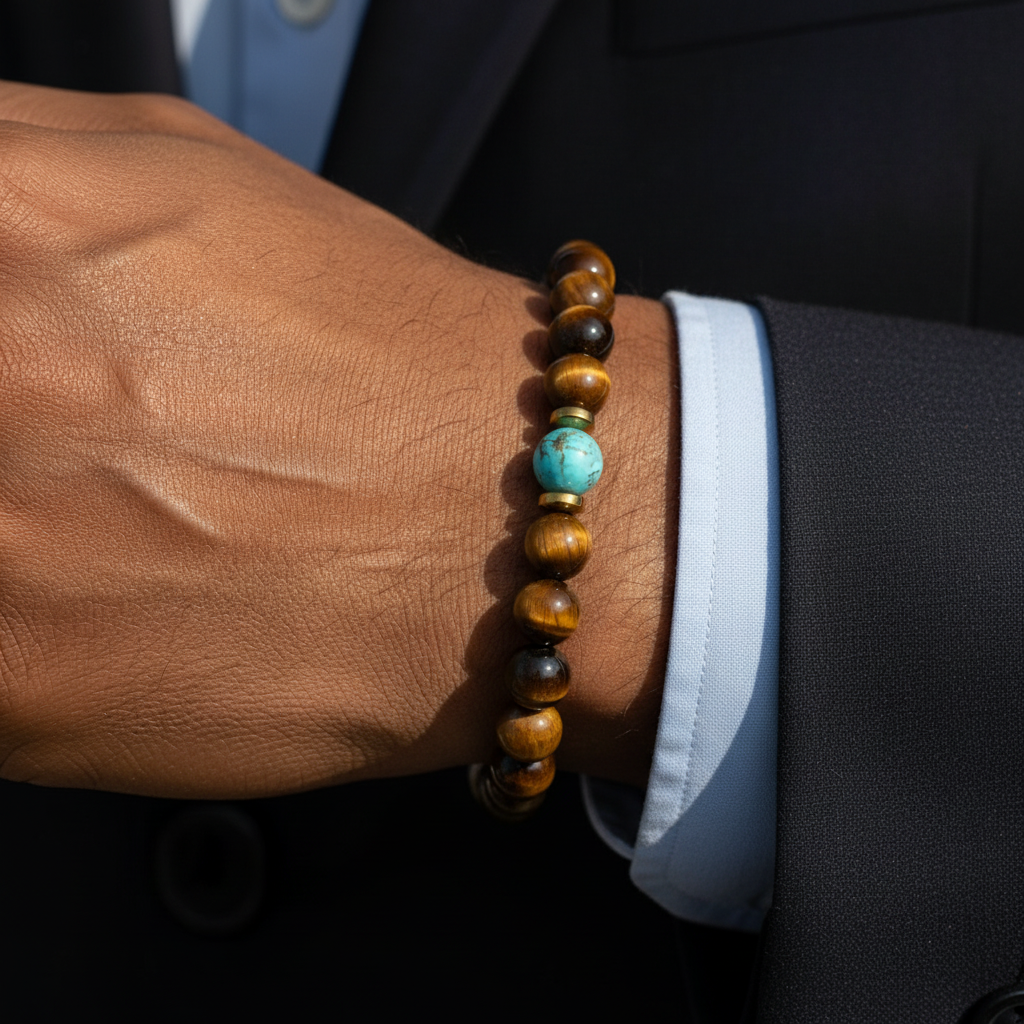 Kaplan Gözü Turkuaz ve Hematit Sertifikalı Doğal Taş Bileklik SPF-A-033