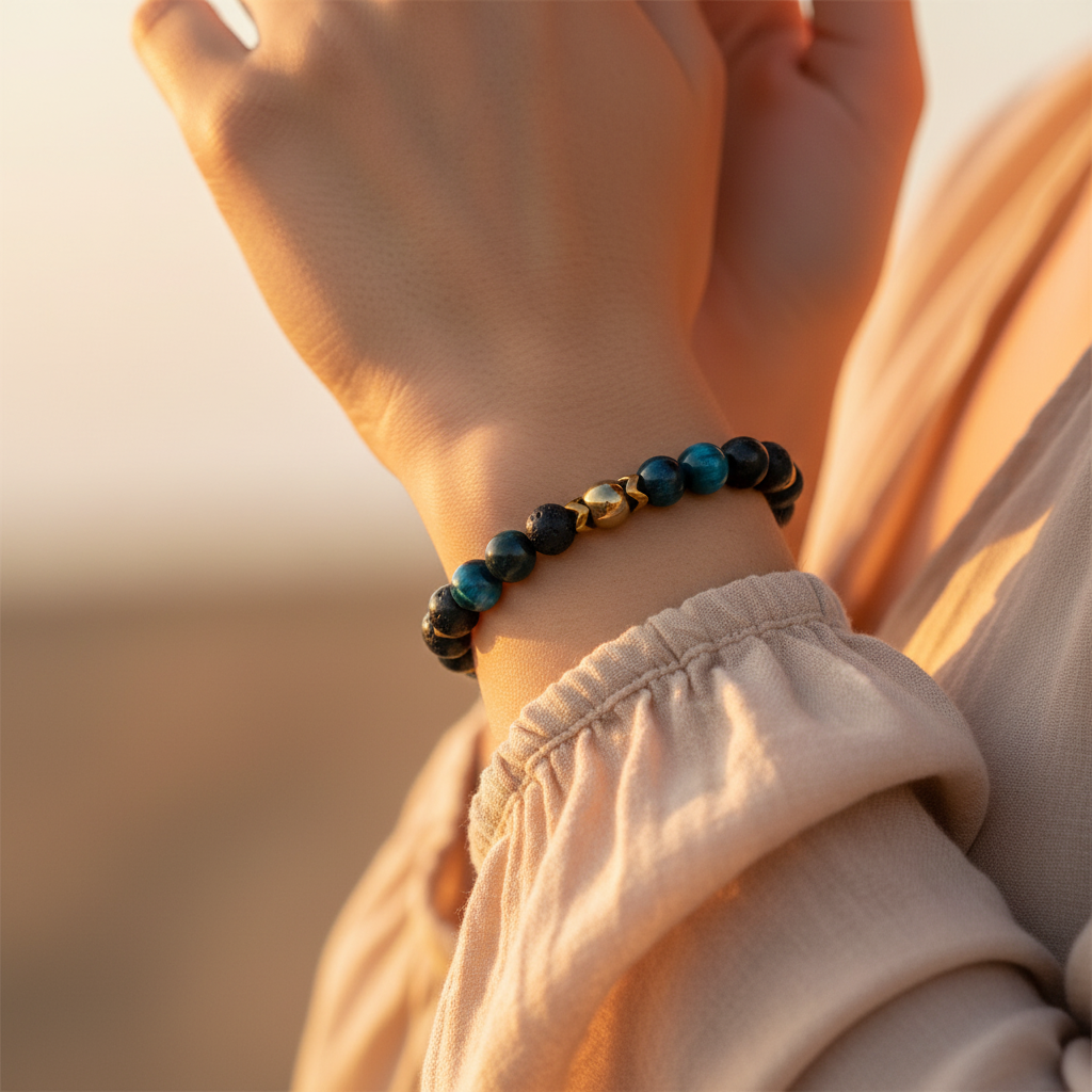 Kaplan Gözü Lav Taşı Hematit Sertifikalı Doğal Taş Bileklik SPF-A-032