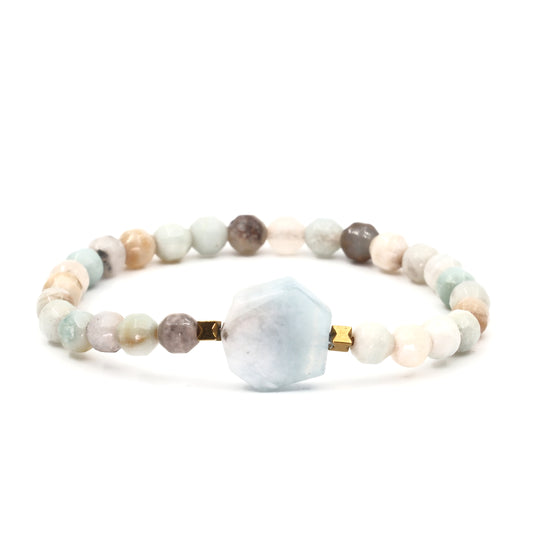 Aquamarine Amozonite and Hematite Natural Stone Bracelet SPF-A-003