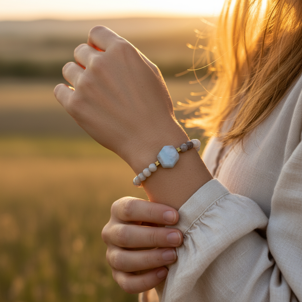 Akuamarin Amozonit ve Hematit Sertifikalı Doğal Taş Bileklik SPF-A-003