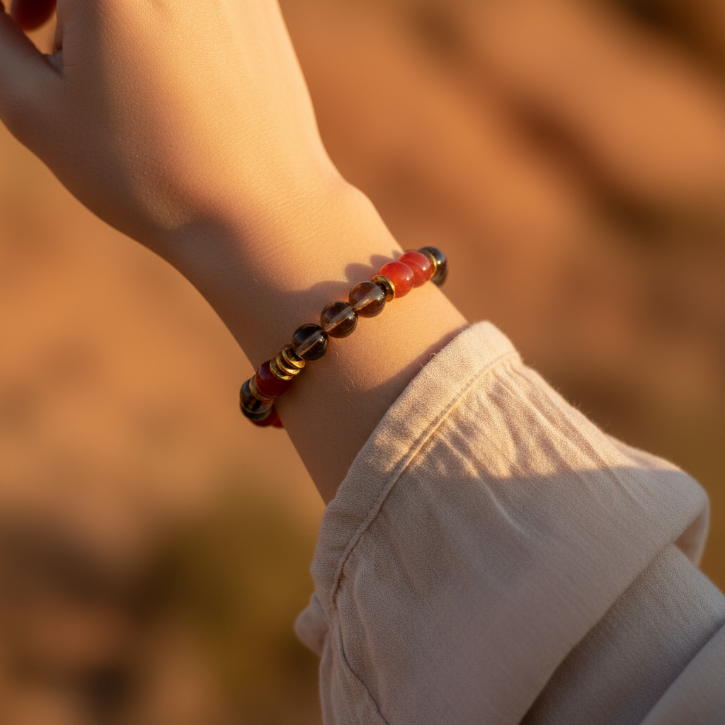 Akik ve Dumanlı Kuvars Hematit (10mm) Sertifikalı Doğal Taş Bileklik SPF-A-001