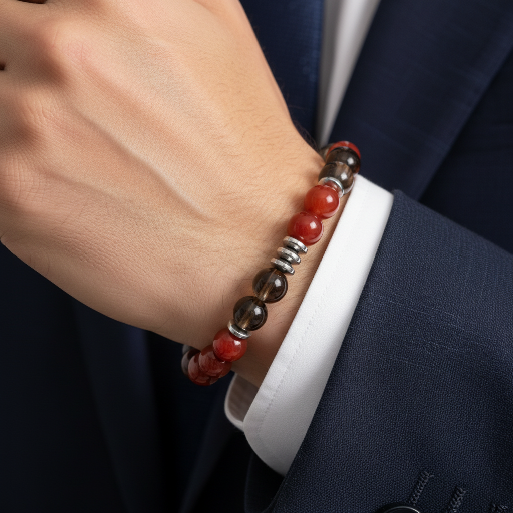 Akik ve Dumanlı Kuvars Hematit (10mm) Sertifikalı Doğal Taş Bileklik SPF-A-002