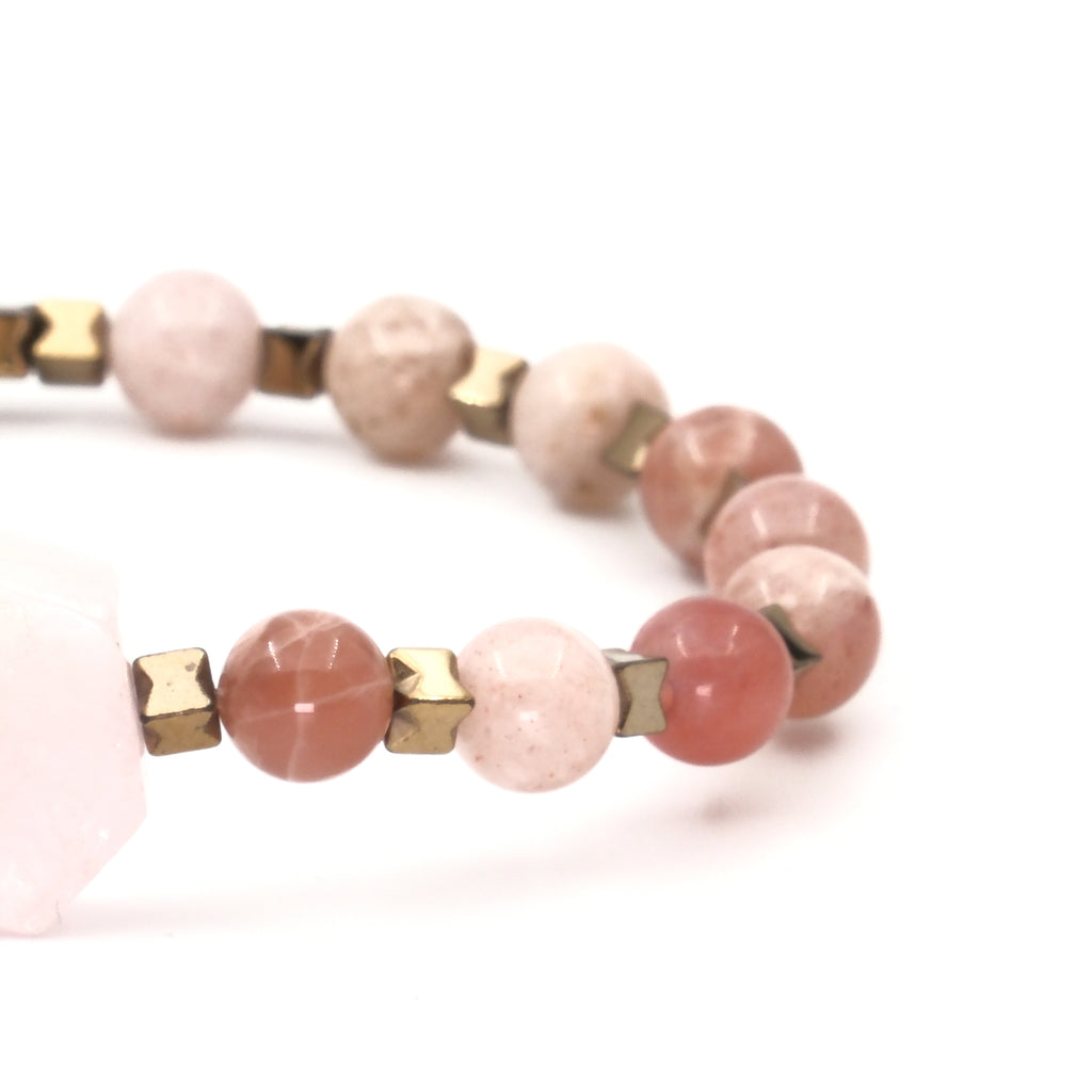 Pembe Kuvars Güneş Taşı ve Hematit Sertifikalı Doğal Taş Bileklik SPF-A-056