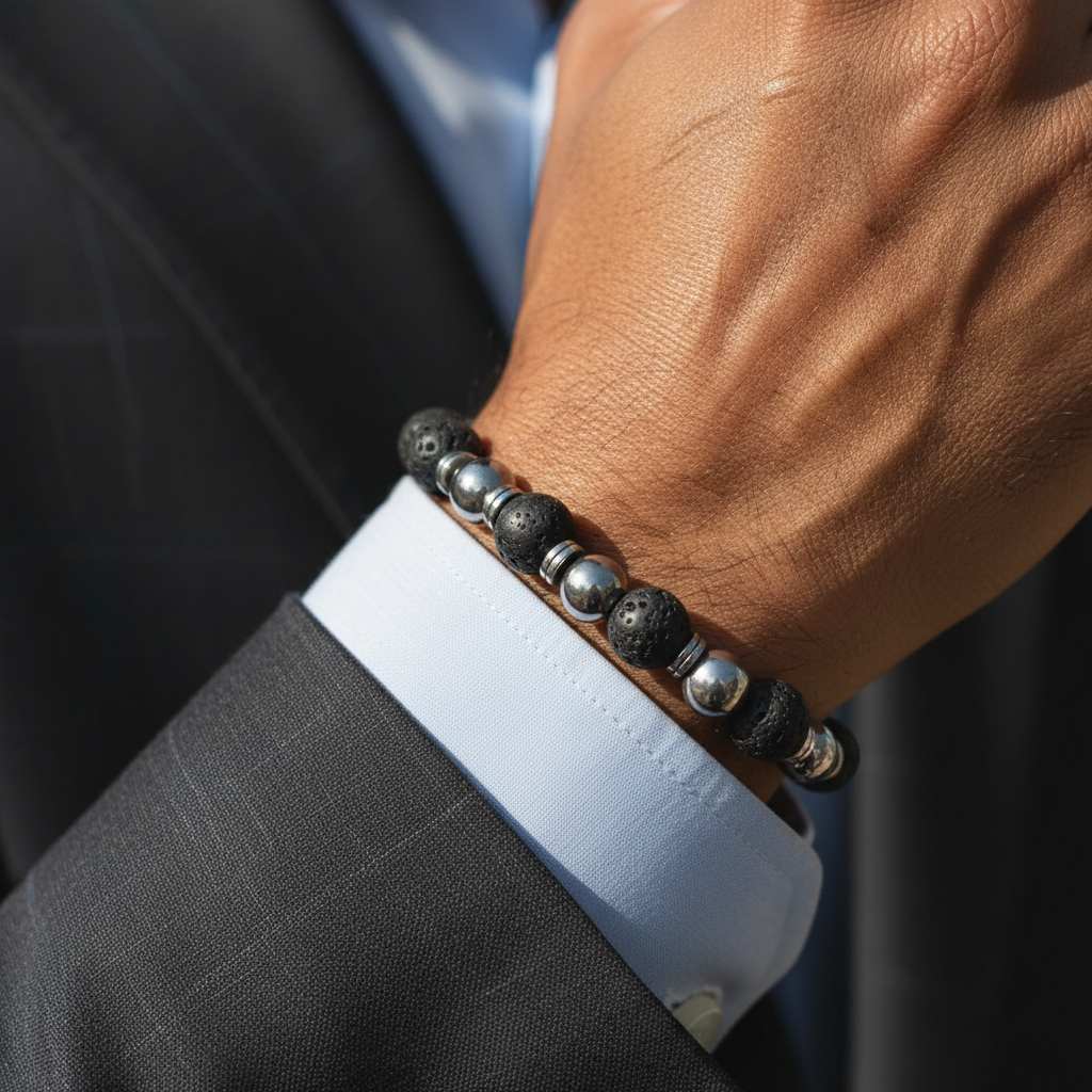 Lav Taşı ve Hematit Sertifikalı Doğal Taş Bileklik SPF-A-052