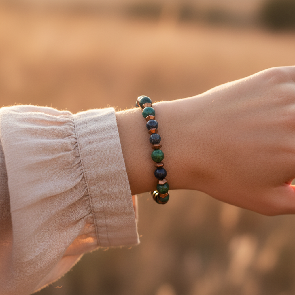 Azurit ve Hematit Sertifikalı Doğal Taş Bileklik SPF-A-019