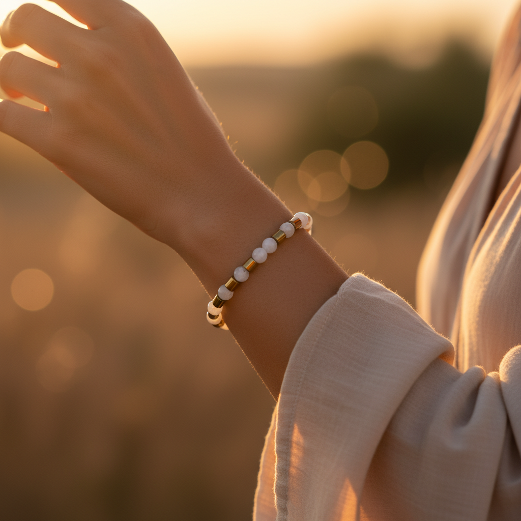 Ay Taşı ve Hematit Sertifikalı Doğal Taş Bileklik SPF-A-018