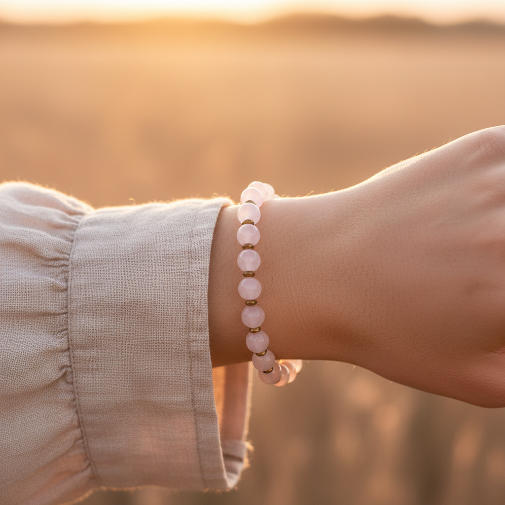 Pembe Kuvars ve Hematit Sertifikalı Doğal Taş Bileklik SPF-A-057