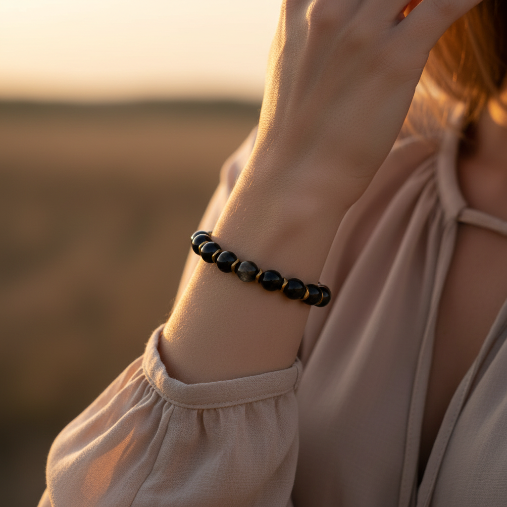 Siyah Obsidyen Hematit Sertifikalı Doğal Taş Bileklik SPF-A-067