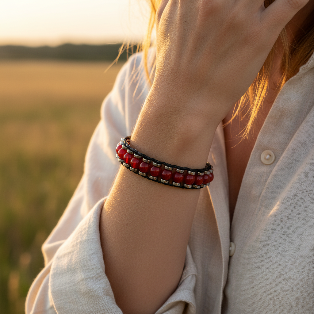 Kırmızı Akik ve Hematit Sertifikalı Doğal Taş Bileklik SPF-A-076