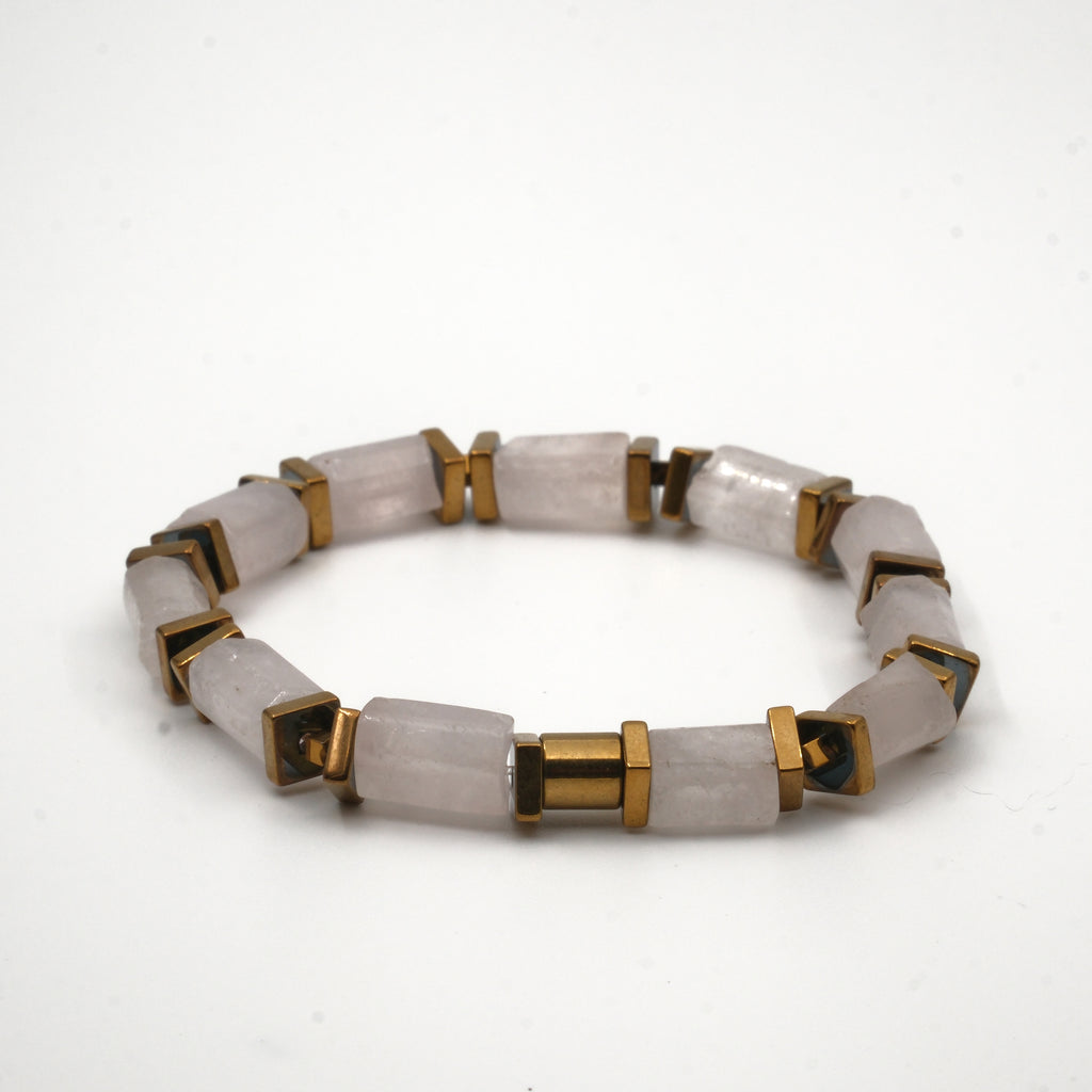 Pembe Kuvars ve Hematit Sertifikalı Doğal Taş Bileklik SPF-A-078