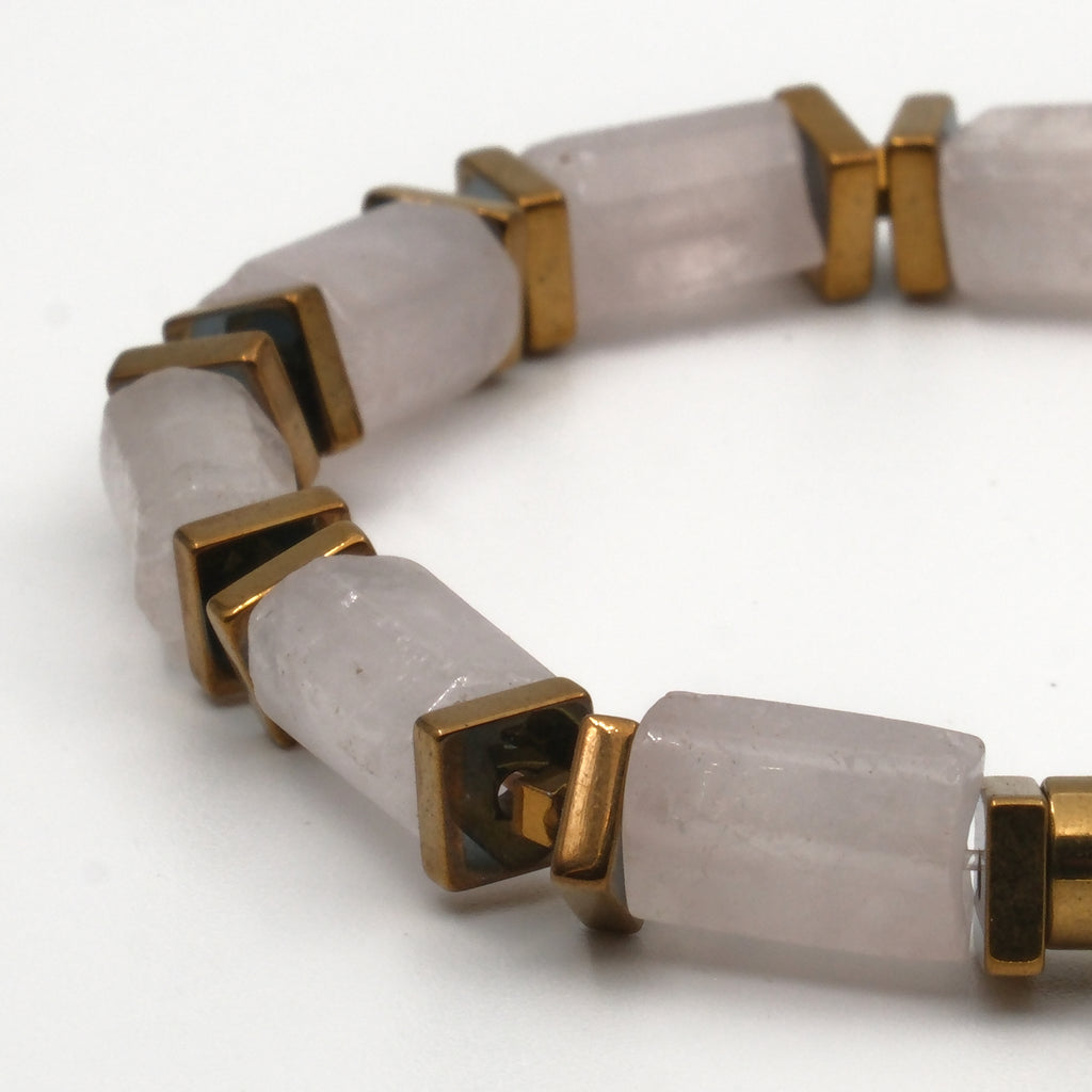 Pembe Kuvars ve Hematit Sertifikalı Doğal Taş Bileklik SPF-A-078