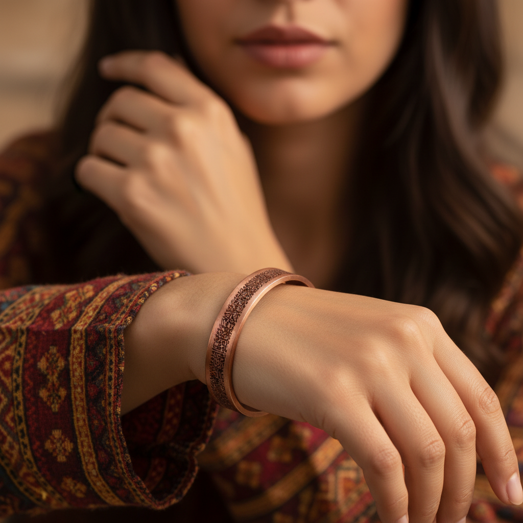 El Yapımı Ayetel Kürsi Motifli Saf Bakır Unisex Bileklik SPF-B-008