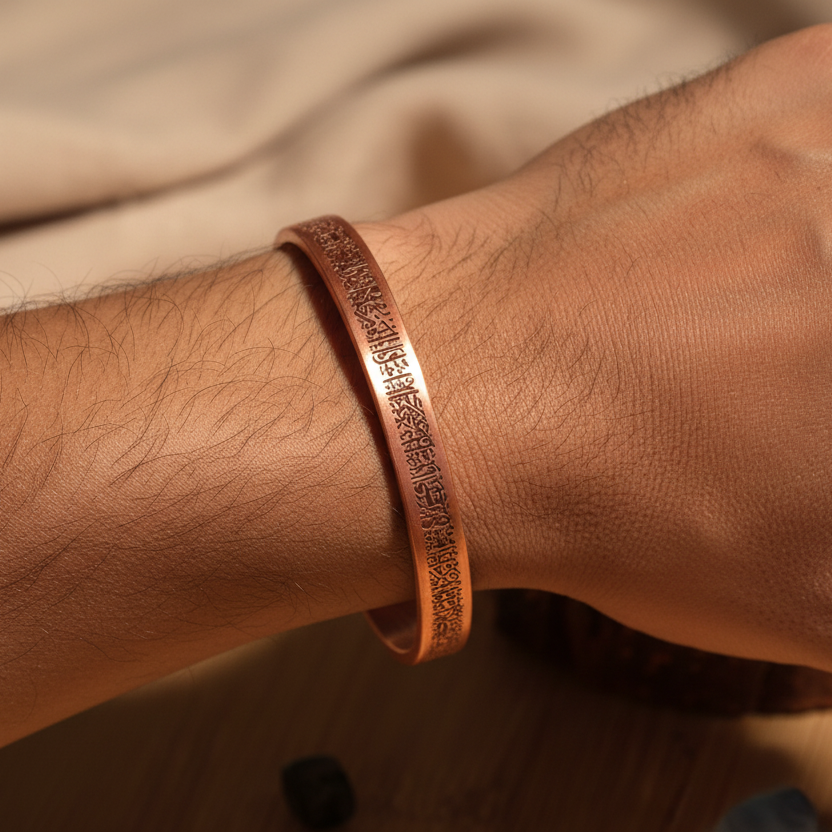 El Yapımı Ayetel Kürsi Motifli Saf Bakır Unisex Bileklik SPF-B-008