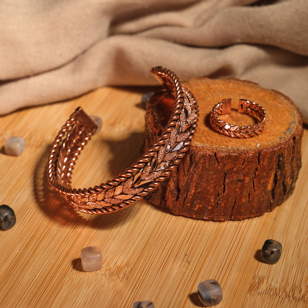 El Yapımı Motifli Saf Bakır Unisex Bileklik ve Yüzük Seti SPF-B-014