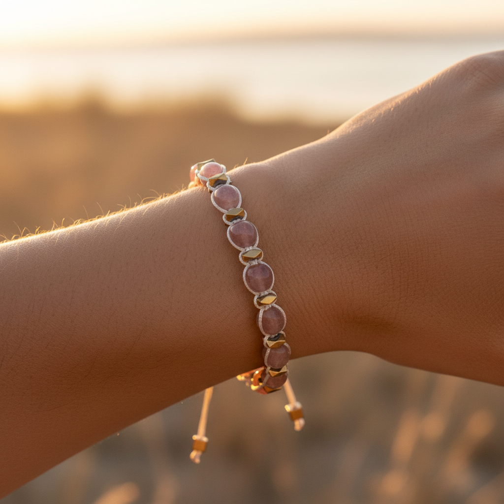 Çilek Kuvars Macrome Sertifikalı Doğal Taş Bileklik SPF-A-105