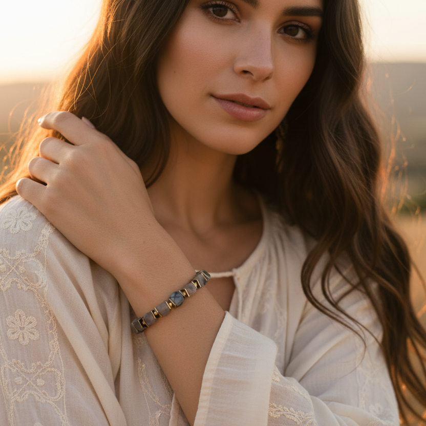 Damarlı Akik ve Hematit Sertifikalı Doğal Taş Bileklik SPF-A-103