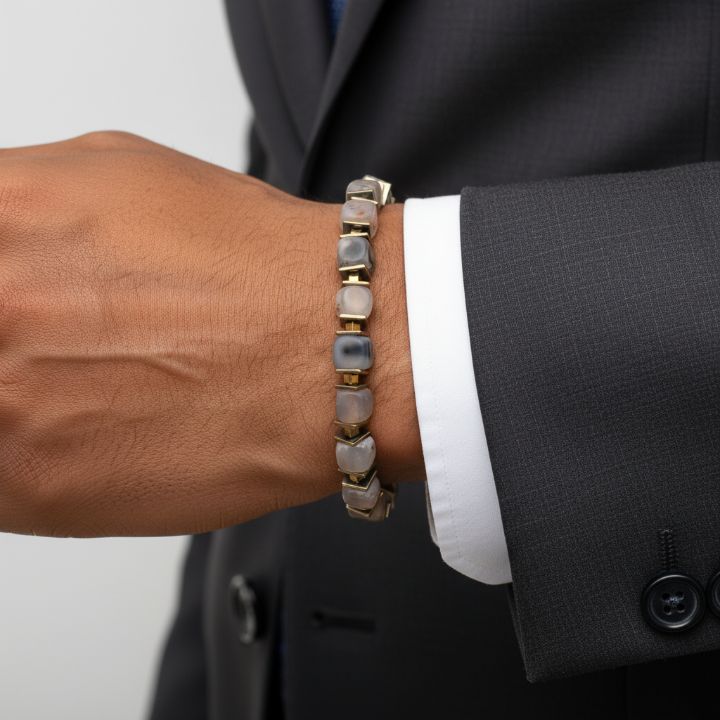 Damarlı Akik ve Hematit Sertifikalı Doğal Taş Bileklik SPF-A-103