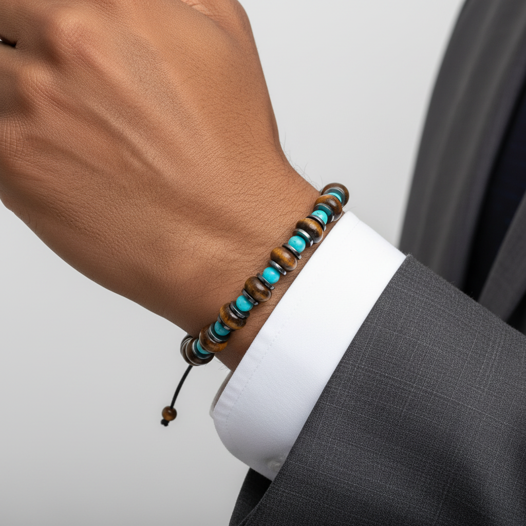 Kaplan Gözü Turkuaz ve Hematit Sertifikalı Doğal Taş Bileklik SPF-A-104