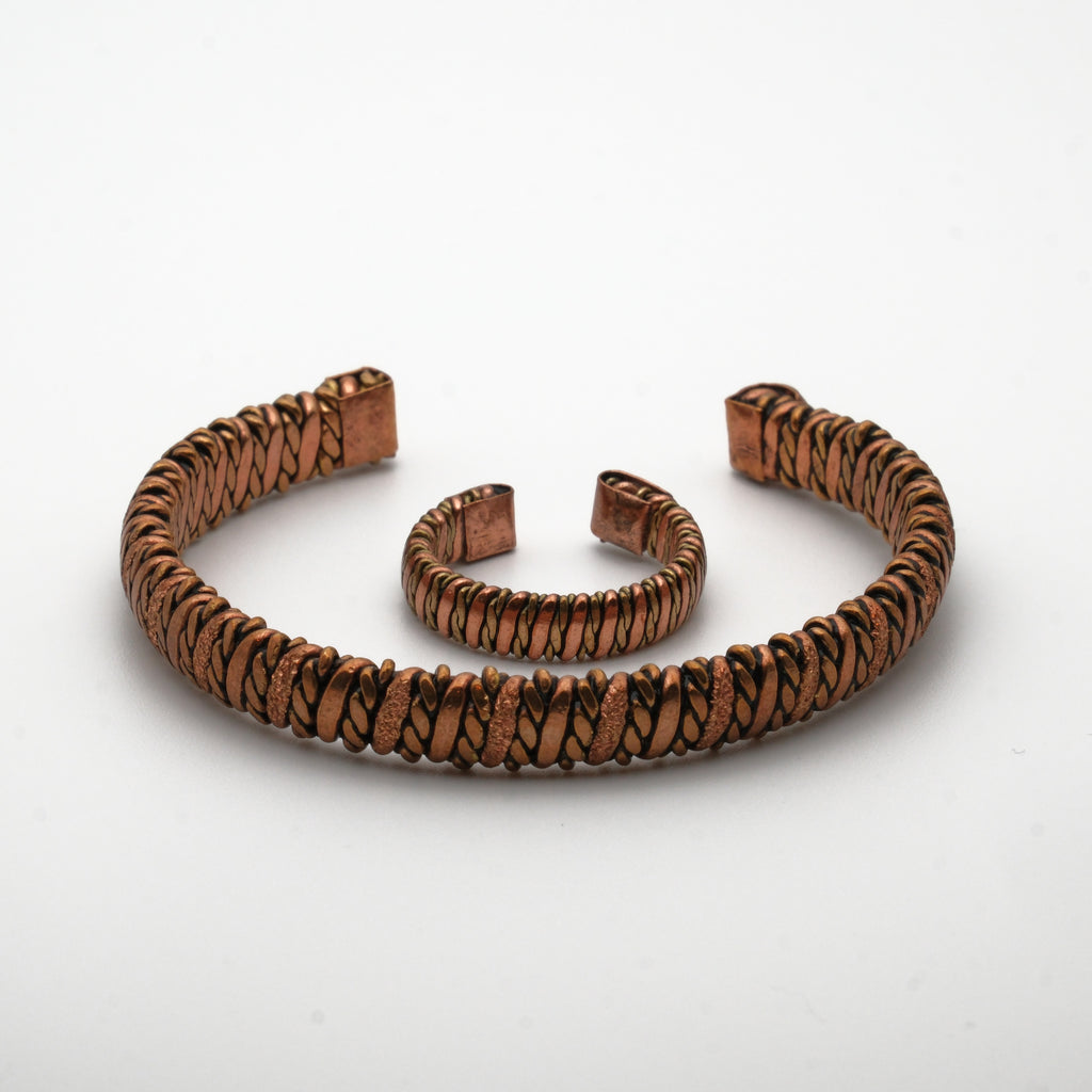 El Yapımı Motifli Saf Bakır Unisex Bileklik ve Yüzük Seti SPF-B-016