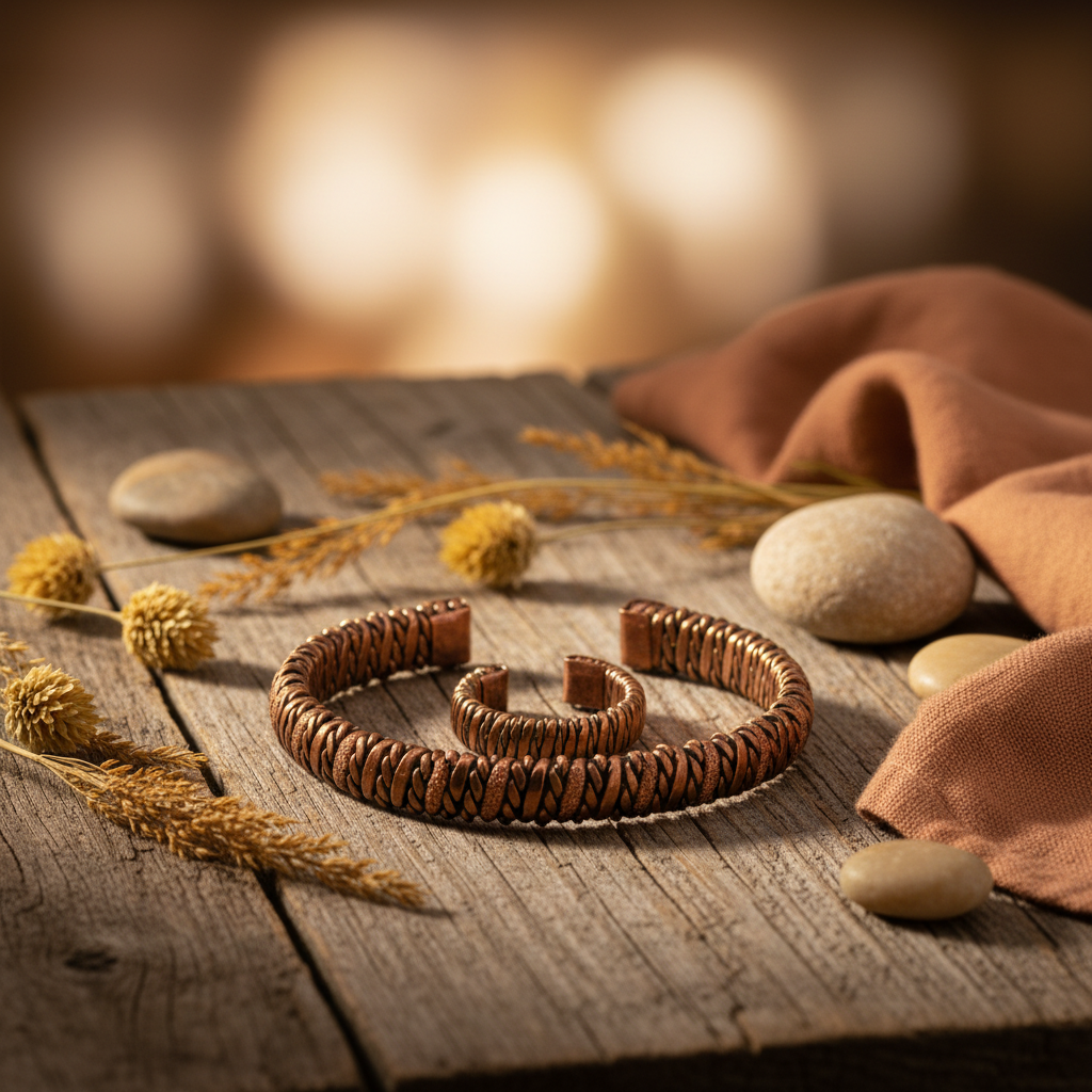 El Yapımı Motifli Saf Bakır Unisex Bileklik ve Yüzük Seti SPF-B-016