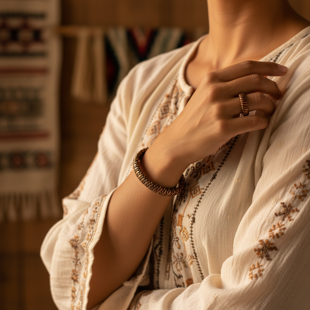 El Yapımı Motifli Saf Bakır Unisex Bileklik ve Yüzük Seti SPF-B-016